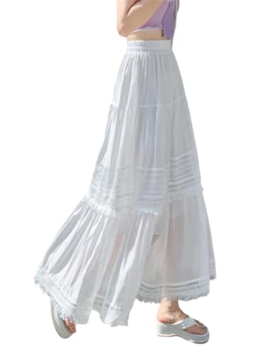 Women High Waisted Lace Patchwork Midi Skirt High Waist Tassel Solid A-Line Pleated Skirts4