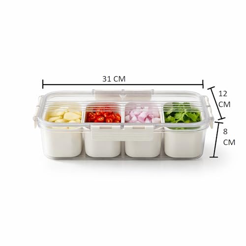 Image of Divided Fridge Storage Boxes With Serving Veggie Tray with Lid and Handle, Fridge Organizer with Removable Compartment, Fridge Storage Containers (4 Grid Container)