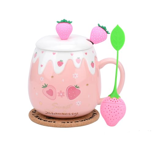 XinHuiGY Pink Mug,Cute Strawberry Cup with Cover Spoon,Ceramic Coffee Mug, Kawaii Cup for Tea Milk,Women Girls Student Korean Style 450ML Christmas Birthday Gift (Small Strawberry)
