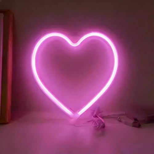 Image of Teafasty Pink Heart Neon Sign LED Light USB Battery Powered Room Decor | Dual power design, soft pink glow, wall mount or tabletop display for bedrooms, parties, weddings and festive occasions
