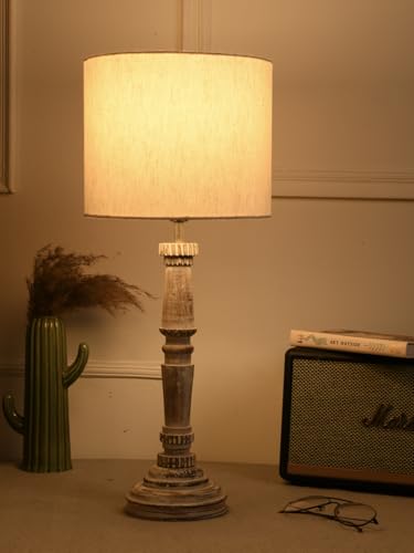 Image of Green Girgit Empire Wooden Lamp in Distress White Color with Jute White Lamp Shade, Reading & Bedside Table Lamp, Home & Living Room Decor Item