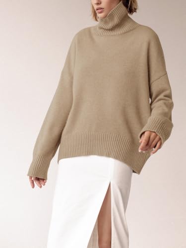 Image of YKR Women's Turtleneck Sweater Chunky Long Sleeve Knitted Pullover High Low Hem Sweater Jumper Top Darkapricot XXL