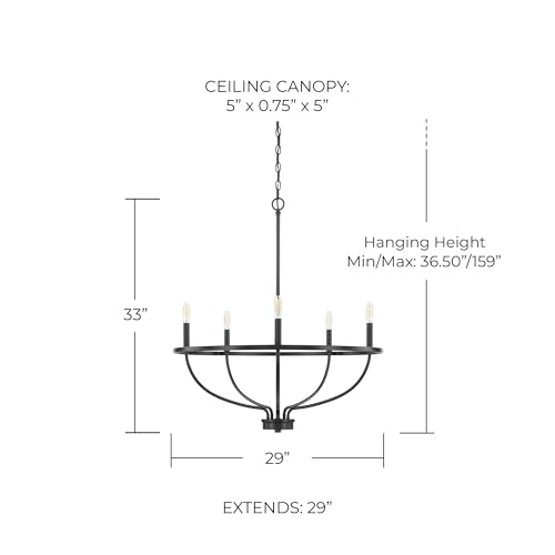 HomePlace Lighting 428551MB Greyson Urban/Industrial Vine-Style Round Candle Chandelier, 5-Light 300 Total Watts, 33" H x 29" W, Matte Black by Capital Lighting - Image 2