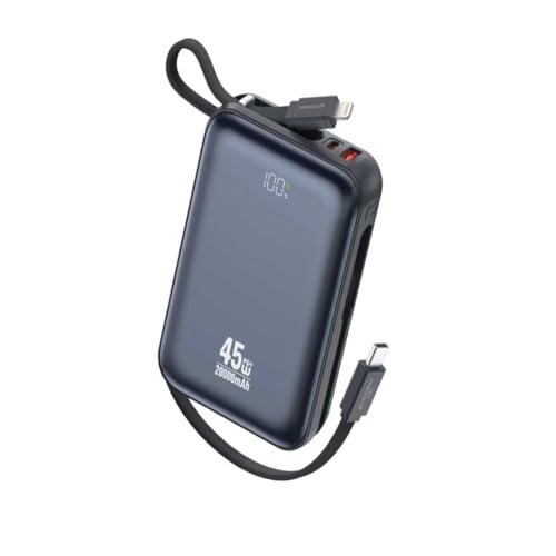 Power Bank 20.000mAh 45W Turbo - Carregador Portátil com Cabos Embutidos Tipo-C e Lightning, Display LED, Carreg. Simultâneo Compativel com Smartphones em Geral e Notebooks. (Chumbo)