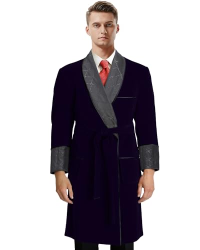 Image of Men's Long Velvet Smoking Jacket Smoking Robe with Belt Shawl Lapel Quilted Dressing Gown