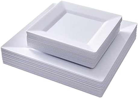 N9R 60 Pack White Square Plastic Plates - 30pcs Dinner Plates 9.5 Inch and 30pcs Square Disposable Dessert/Salad Plates 6.5 Inch - Fancy Disposable Plates Perfect for Wedding Birthday Party