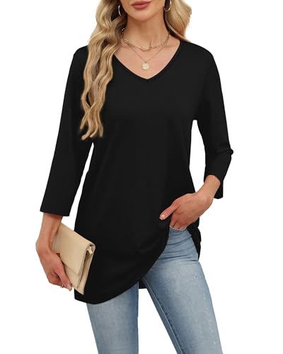 WIHOLL Womens 3/4 Sleeve Tops Ladies Blouse V Neck Tunic Long Sleeve T Shirts Office Wear Black Size 14-16 for UK