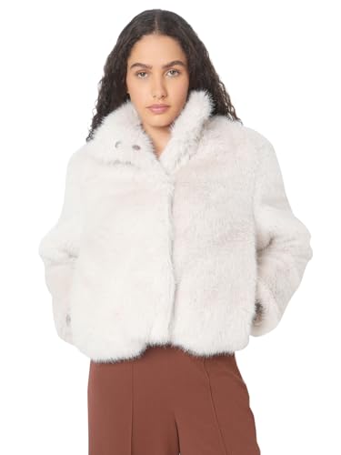 VERO MODA Jacke aus Kunstfell mit hohem koreanischen Kragen, Verschluss mit Druckknopf., cremeweiß, L