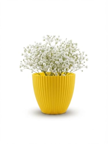 Image of Yellow Plastic Flower Pot for Indoor & Outdoor Plants | Decorative Round Planter | Lightweight Garden Pot