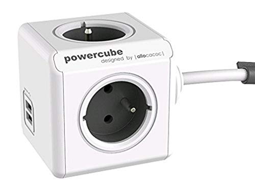 allocacoc PowerCube Extended 3 m DuoUSB, 4 prises multiples 230V + 2 USB, FR, Blanc