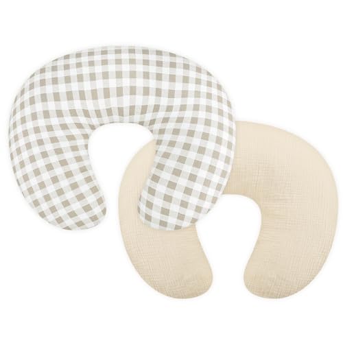 Image of DILIMI Muslin Nursing Pillow Cover 2 Pack, Removable Nursing Cover for Breastfeeding Pillows, Ultra Soft Comfortable Slipcover for Baby Girl and Boy, Beige and Khaki Checkered