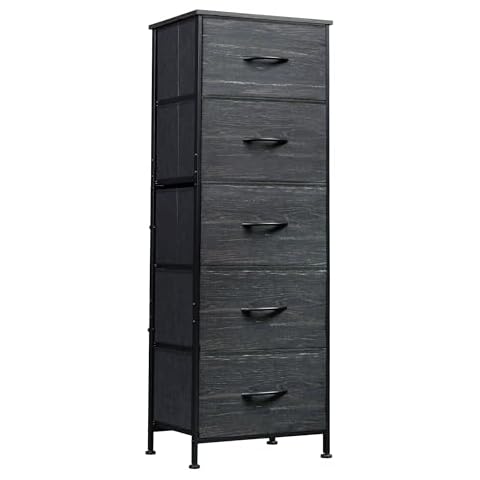 WLIVE Fabric Dresser, 5-Drawer Tall Dresser for Bedroom, Storage Dresser Organizer with Fabric Bins, Wood Top, Sturdy Steel Frame, Chest of Drawers for Closet, Hallway, Charcoal Black Wood Grain Print Cover