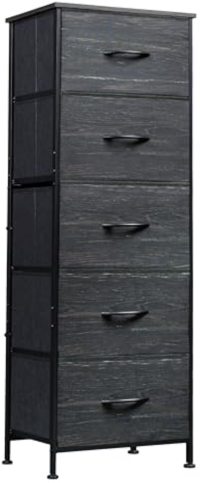 WLIVE Fabric Dresser, 5-Drawer Tall Dresser for Bedroom, Storage Dresser Organizer with Fabric Bins, Wood Top, Sturdy Steel Frame, Chest of Drawers for Closet, Hallway, Charcoal Black Wood Grain Print