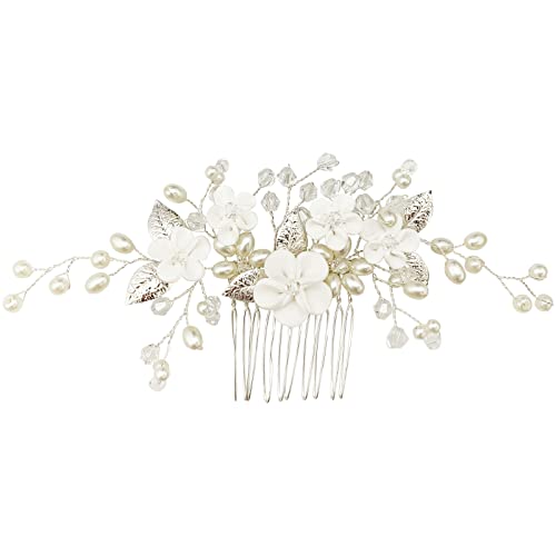 Prettylife Flower Bridal Hair Vine Pieces With Comb Pearl Floral Rhinestone Leaf White Wedding Hair Pin Accessories For Women And Girls thumb #2