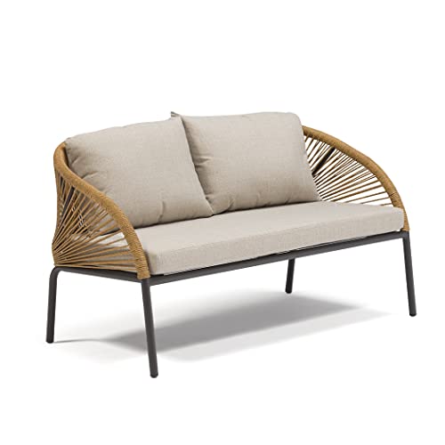 Image of DEVOKO Outdoor 4 Piece Patio Garden Rope Sectional Sofa Set with Glass Top Table All Weather Conversation Furniture for Porch, Backyard, Terrace (Beige & Grey)