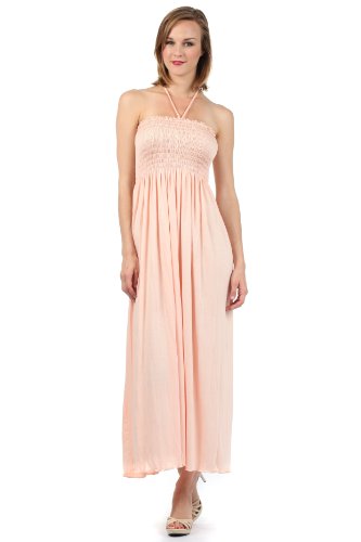 Image of Sakkas Soft Jersey Feel Solid Color Smocked Bodice String Halter Long Dress