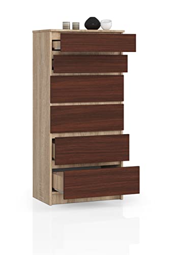 BDW Cómoda con 6 cajones, aparador, Armario multifunción, salón, Comedor, Dormitorio, 60 x 130 x 40 cm (Roble Sonoma - wengué)