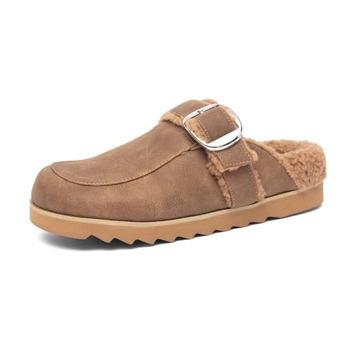 NEWBELLA Women's Faux Fur Lined Mules - Thick Sole Slip On Flat Shoes, Warm Fall & Winter House Shoes for Indoor & Outdoor Wear, Brown 7.5