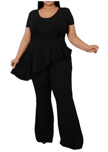 Plus Size 2 Piece Sets for Curvy Women Short Sleeve Pleated Top Wide Leg Pants Sets Pockets Business Pantsuits