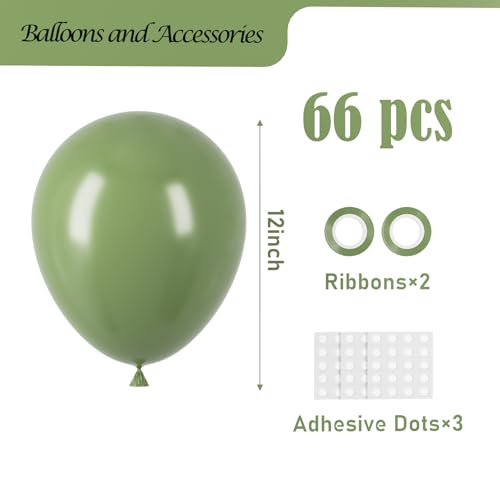 Image of Voircoloria Sage Green Balloons, 66pack 12inch Olive Green Latex Party Balloons for Baby Shower, Graduation, Wedding, Birthday, Bridal Shower, Anniversary Party Decorations
