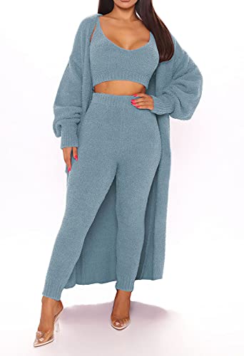 Women's Fleece 3 Pc Teddy Loungewear Spaghetti Strap Crop Tank Wide Long Pants Fuzzy Kimono Cozy Sweatsuit Set Light2