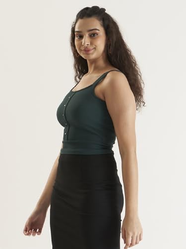 Image of PRETTIFY Green Solid Cotton Blend Crop Top
