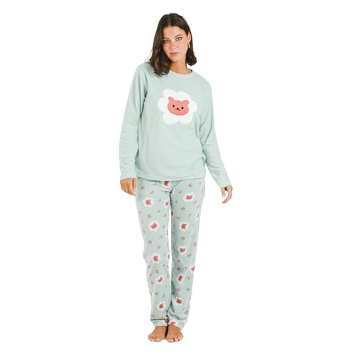 TRAMAS+ Pijama Mujer Invierno, Pijama Polar de Mujer, Conjunto de Camiseta de Manga Larga y Pantalón Largo con Cintura Ajustable Calentito, Conjunto para Mujer - L, Nolan Verde