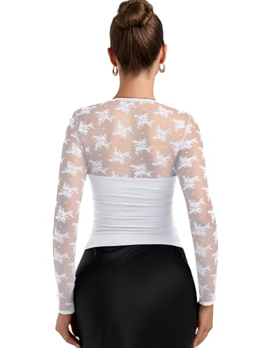 PINKMSTYLE Women Lace Square Neck Tops Cute Sheer Mesh Long Sleeve Shirts Fall Going Out Y2K Date Clothing White Medium - image 5