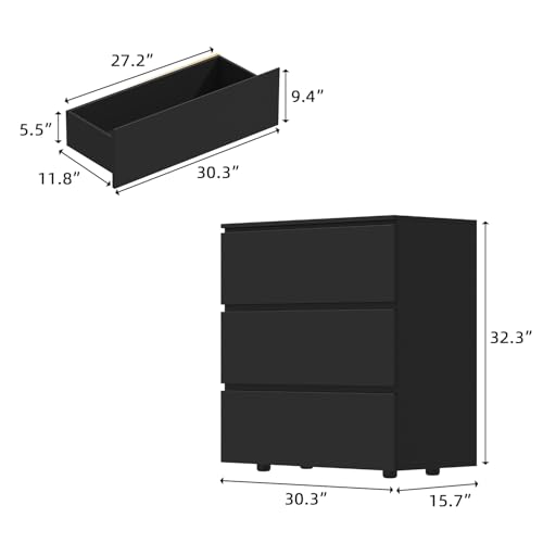 Image of Tall Nightstand with 3 Drawers, Modern Handleless Bedside Table for High Beds, Large Storage End Table, Wood Side Cabinet for Bedroom Black 30.3 inch W x 15.7 inch D x 32.3 inch H