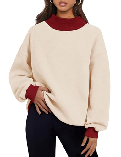 PRETTODAY Womens Oversized Sweatshirts Color Block Turtleneck Fleece Pullover Tops Long Sleeve Loose Fall Fashion Outfits Beige/Red