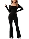Alealiy Black Rompers for Women Long Sleeve Square Neck Bodycon Jumpsuits Stretchy Flare Yoga Workout Unitard Playsuit Plus Size L
