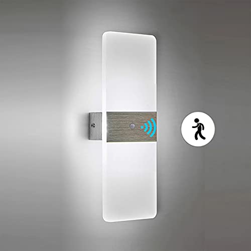 HCSM PIR Motion Sensor Wall Light, Modern Wall Sconce, LED 6W Wall Lamp (Warm White), Acrylic, Aluminum Material, Wall Sconce Lighting for Hallway Porch Bathroom Living Room., White,silver