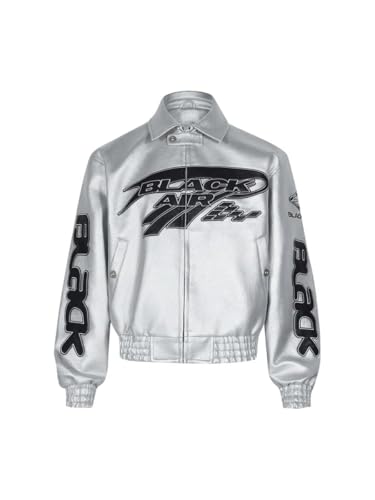 thesupermade Streetwear Black Air Street American PU Faux Leather Jacket Y2k Crop Moto Biker Fashion Streetwear Coats (US, Alpha, Medium, Regular, Regular, White)