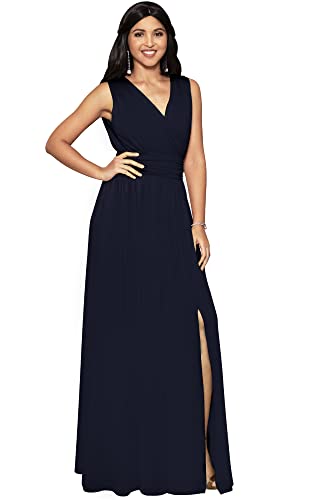 KOH KOH Plus Size Womens Long Bridesmaid Wedding Guest Cocktail Party Sexy Sleeveless Summer V-Neck Evening Slit Day Full Floor Length Gown Gowns Maxi Dress Dresses, Dark Navy Blue 2XL 18-20