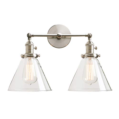 Image of Permo Double Sconce Vintage Industrial Antique 2-Lights Wall Sconces with Funnel Flared Glass Clear Glass Shade (Brushed)