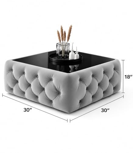 Image of Premium Tufted Upholstered Coffee Table with Mica Top - Modern Square Ottoman Center Table, Soft Velvet Finish, Luxury Living Room Furniture - 30 x 30 x 18 Inch (Grey)