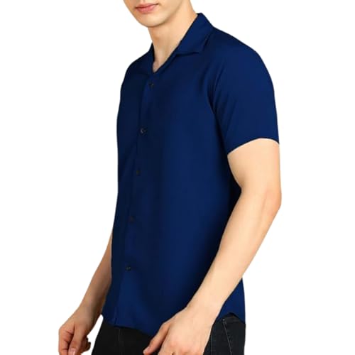 Image of COMBRAIDED Men's Solid Cotton Blend Half Sleeve Shirt - Regular Fit Casual Button-Down Shirt for Office & Travel - Summer & Spring