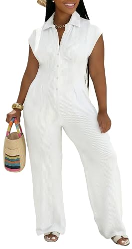 Btokuga Casual Jumpsuits for Women Dressy Cut Out Back Button Down One Piece Jumpsuits Sexy Plus Size Jumpsuit White Romper XXL