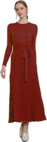 Image of Women's Long Sleeve Sweater Dress Ankle Length Fall Dress Vneck Knit Winter Dress