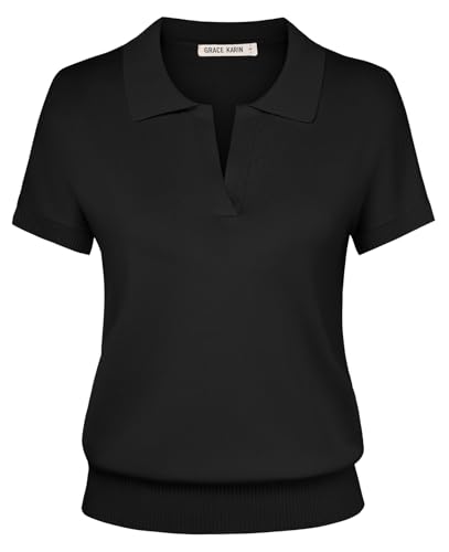 GRACE KARIN Women Short Sleeve Sweater Summer 2026 Business Casual Knit Tops V Neck Office Collared Polo Shirt Black L