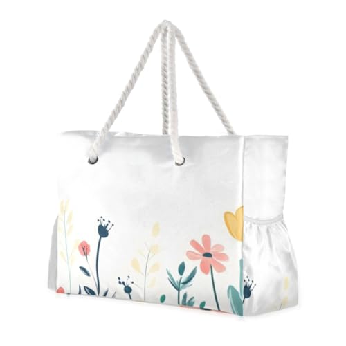 Spring Bloom Florals Beach Tote Bag - Waterproof Travel Bag with PVC Compartment, Oversized Pool Tote for Vacation Essentials, Vintage Nylon Beach Accessory for Multipurpose Storage