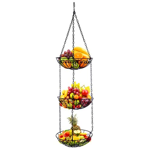 3-Tier Hanging Fruit Basket, Kitchen Vegetable Basket With Chains And Hooks, Heavy Duty Metal Organizer Basket #TOP4