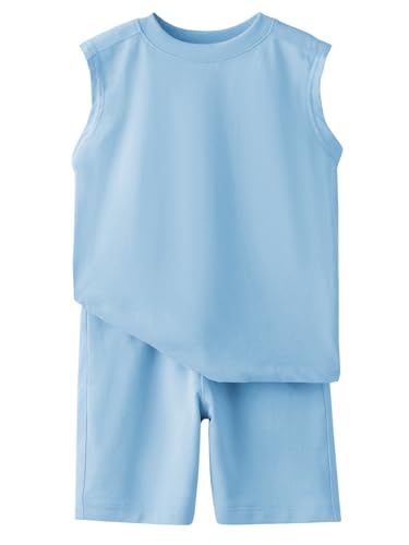 Image of Haloumoning Boys 2 Piece Summer Outfits Short Sets Kids Tank Tops and Elastic Waist Shorts with Pockets 5-14 Years