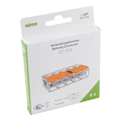 WAGO Lot de 6 bornes de connexion 221-615 - 5 broches - Jusqu'à 6 mm² - Connecteur de câble compact avec levier - Pour tous les types de conducteurs dans le...