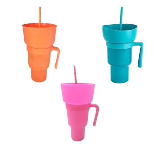 3 Pack Stadium Tumbler with Snack Bowl, Cup Bowl Combo, 2-in-1 Snack Drink Cup, Reusable Multifunction Anti Hot Tumbler for Popcorn Candy Chips More for Movies and Stadium