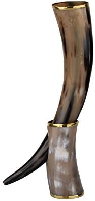 Miniatura 7 de Cuerno de beber real con soporte hecho a mano para cerveza Viking Ale cerveza vino malta vaso (14 pulgadas, toque metálico)