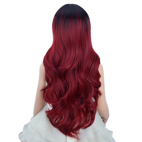 Image of PATTNIUM Long Ombre Red Wig for Kids Child Ombre Black to Red Wig Girls Middle Part Synthetic Wigs