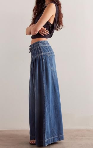 loveimgs Women Y2k Pleated Baggy Jeans Elastic Waist Wide Leg Denim Pants Palazzo Cargo Barrel Jeans Drawstring3