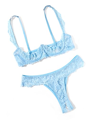 Avidlove Sexy Underwire Push Up Lingerie Set See Through Panty 2 Piece Sheer Lingerie Light Blue XL