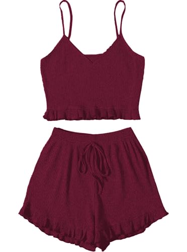 Image of Avanova Women Sexy 2 Piece Pajama Set Ruffle Trim Cami Top and Shorts Sleepwear Set